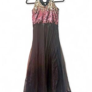 Sequin Accent Black Maxi Dress with Pink Gold Bodice